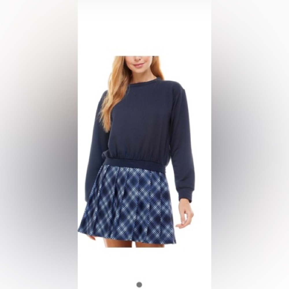 Junior’s sweatshirt dress. Pleated plaid skirt blue sweatshirt top. Size XS.